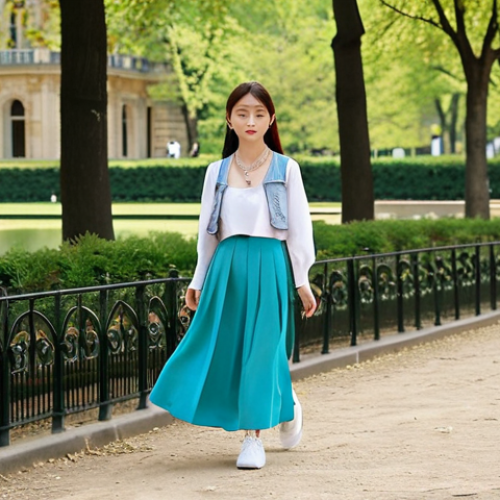 Home 4 **
A modern take on the Hanbok. A young French woman is strolling through the Jardin du Luxembourg in Paris, wearing a modernized Hanbok. She's paired a high-waisted, flowing midi skirt in a vibrant turquoise color with a simple white t-shirt. Instead of the traditional *jeogori*, she’s wearing a cropped denim jacket. Her accessories include white sneakers and a delicate silver necklace. The overall look is chic, casual, and a fusion of Korean tradition and French style.
**