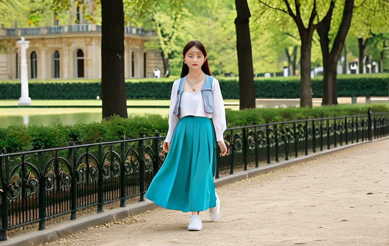 **
A modern take on the Hanbok. A young French woman is strolling through the Jardin du Luxembourg in Paris, wearing a modernized Hanbok. She's paired a high-waisted, flowing midi skirt in a vibrant turquoise color with a simple white t-shirt. Instead of the traditional *jeogori*, she’s wearing a cropped denim jacket. Her accessories include white sneakers and a delicate silver necklace. The overall look is chic, casual, and a fusion of Korean tradition and French style.
**