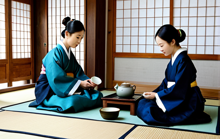 Korean Tea Ceremony**
"A traditional Korean tea ceremony (Darye) in a Hanok house, focus on the tea master in a modest Hanbok preparing tea, serene atmosphere, guests observing respectfully, fully clothed, appropriate content, safe for work, perfect anatomy, natural proportions, professional photography, high quality, family-friendly"
**