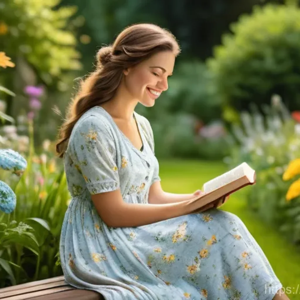 세종대왕 한글 창제 - A serene outdoor scene featuring a young woman in her late twenties, wearing a modest, flowing summe...