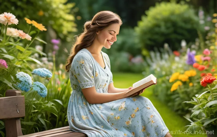 세종대왕 한글 창제 - A serene outdoor scene featuring a young woman in her late twenties, wearing a modest, flowing summe...