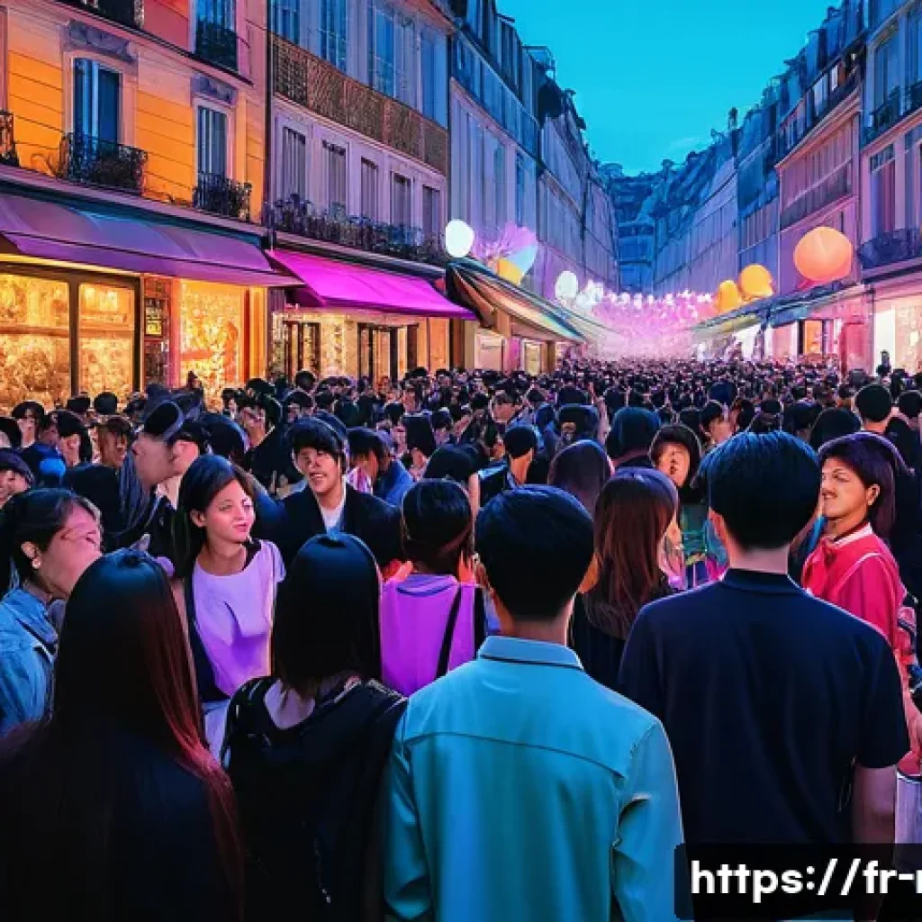 K 콘텐츠 글로벌 진출 - A vibrant, dynamic scene showcasing a multichannel cultural event in a modern French city setting, f...