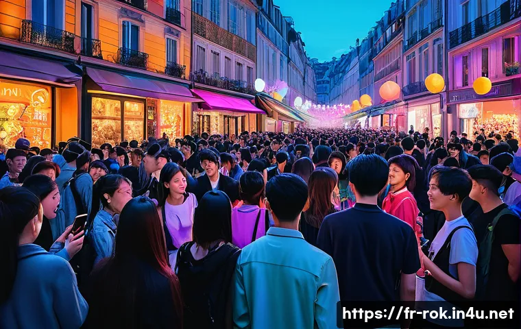 K 콘텐츠 글로벌 진출 - A vibrant, dynamic scene showcasing a multichannel cultural event in a modern French city setting, f...
