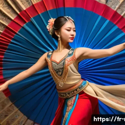 부채춤 공연 일정 - A graceful female dancer performing a traditional fan dance on stage in Paris, wearing a richly embr...