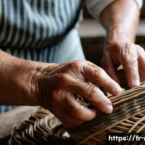 전통 공예 체험 - A detailed close-up of a skilled artisan&rsquo;s hands weaving natural fibers into a traditional Breton ba...