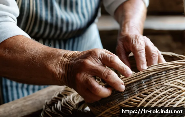 전통 공예 체험 - A detailed close-up of a skilled artisan’s hands weaving natural fibers into a traditional Breton ba...