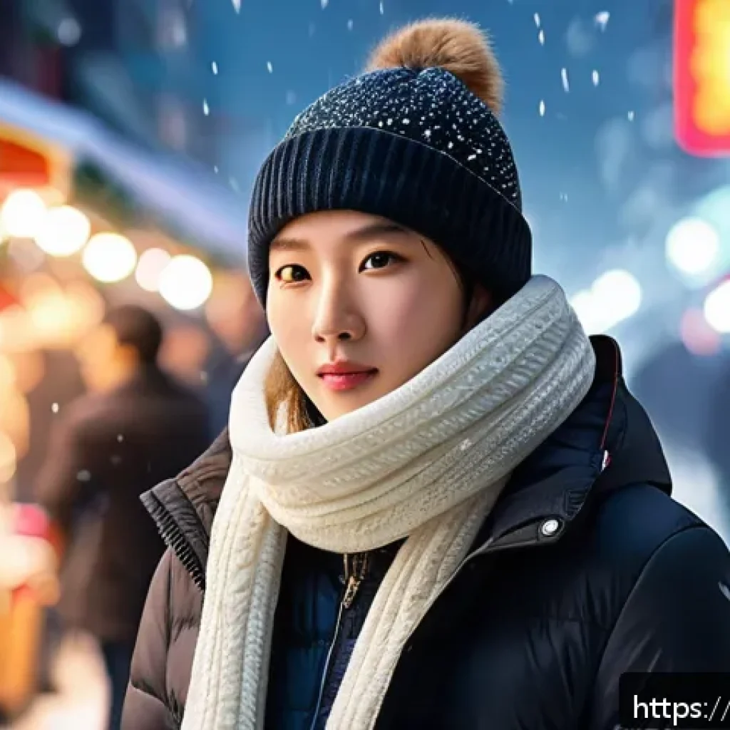 한국 겨울철 여행 준비물 - A stylish winter street scene in Seoul featuring a young adult wearing fitted thermal base layers un...