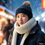 한국 겨울철 여행 준비물 - A stylish winter street scene in Seoul featuring a young adult wearing fitted thermal base layers un...