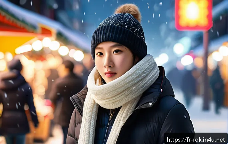한국 겨울철 여행 준비물 - A stylish winter street scene in Seoul featuring a young adult wearing fitted thermal base layers un...