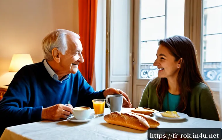 Home 17 한국의 고령화 사회 - Photorealistic French aging society scene, a cheerful elderly French couple and their adult daughter...
