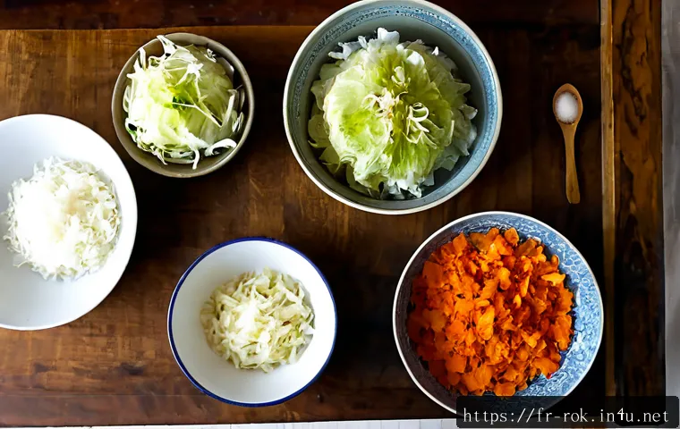 김치 담그는 방법 - Photorealistic overhead view of making homemade fermented cabbage in a bright French country kitchen...